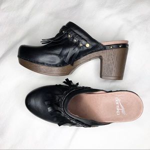 Dansko Black Leather Fringe Heeled Clog/ Mule